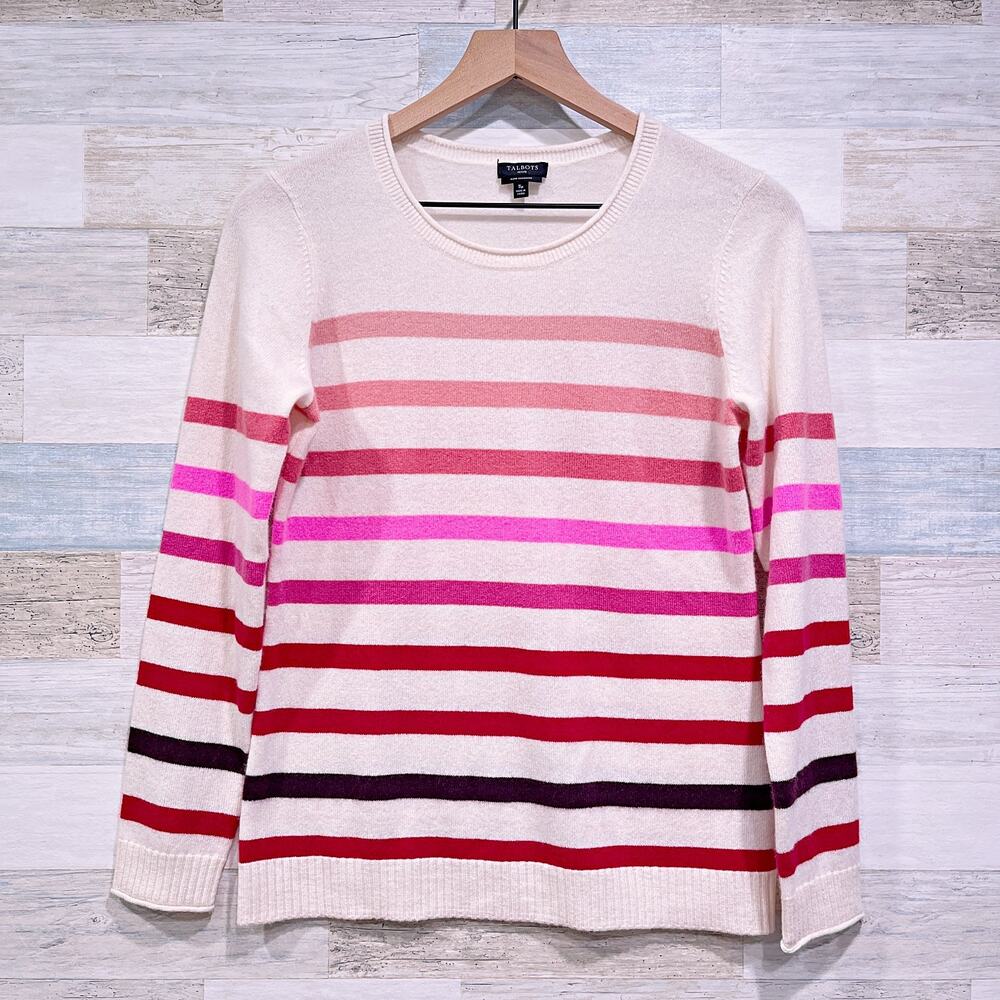 Talbots Pure 100% Cashmere Sweater Cream Stripe Crewneck Womens Small Petite SP